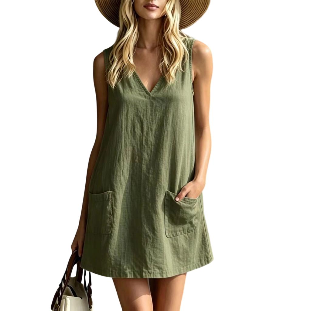 Women Casual Pocket Slip Dress Long Length Sleeveless Comfortable Loose Fit Summer Dress with Adjustable Straps and Side Pockets