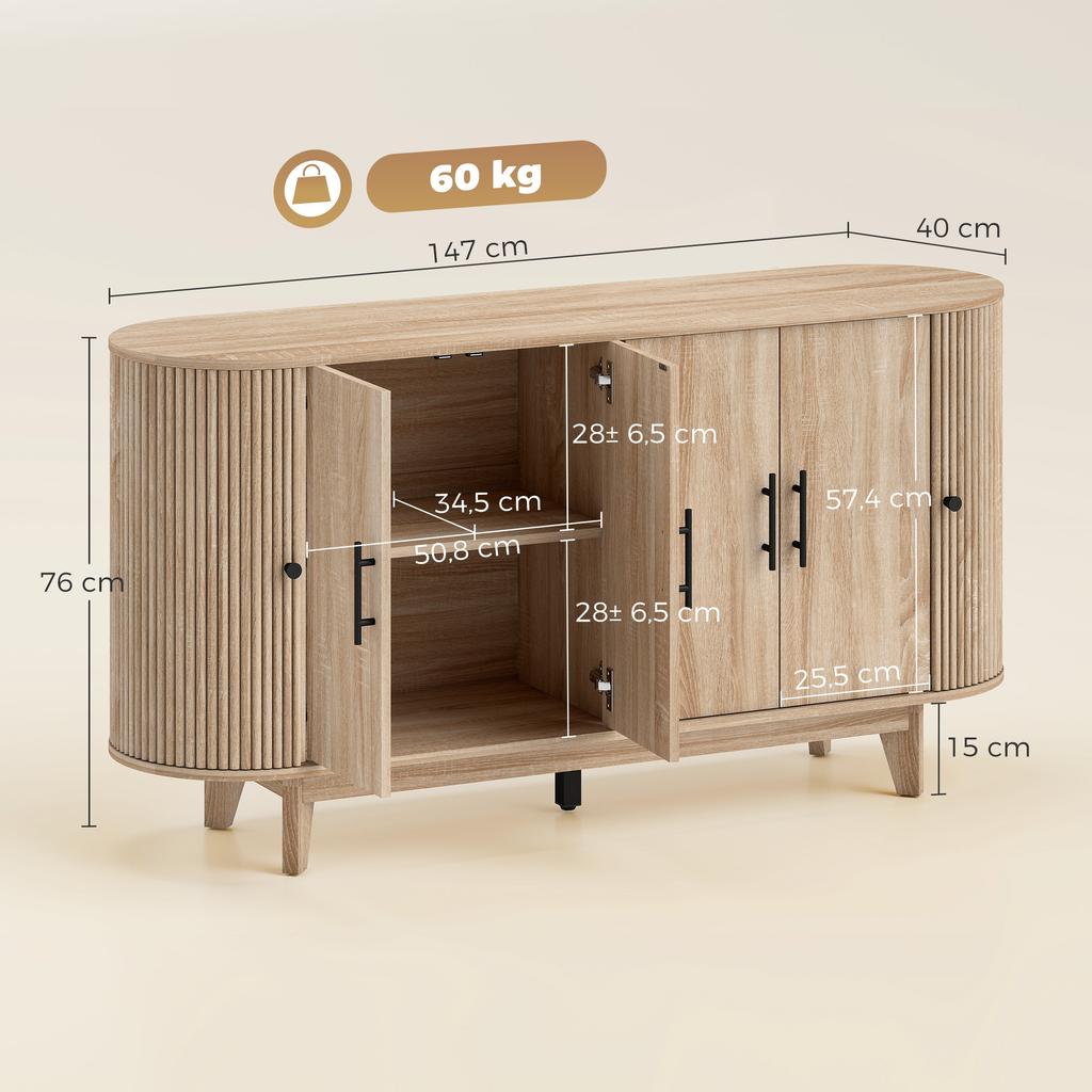 Living Room Sideboard, Oval, 4 Doors, 2 Adjustable Shelves, 147 x 40 x 76 cm, Oak