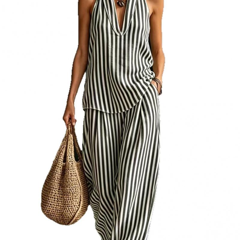 Women Linen V Neck Sleeveless Top and Wide Leg Pants Set Casual Loose Fit Striped Two Piece Outfit for Daily Wear