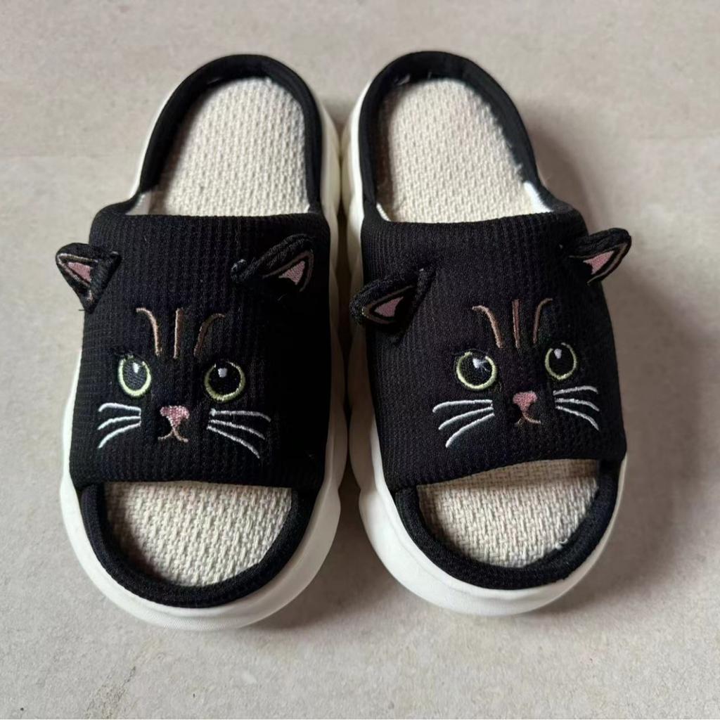 Fashion Kidmi Cute kitty Women Slippers Fashion Breathable Indoor House Slippers Sweat-absorbing Linen Antiskid Slippers Casual Slippers
