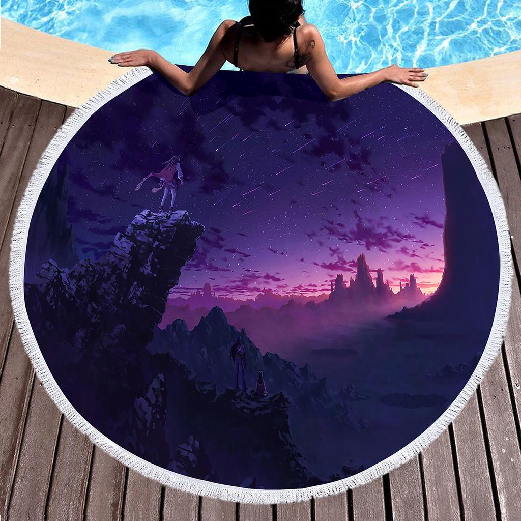 Purple Dreamy Scenery Print Round Beach Towel,Polyester Sand Resistant Beach Blanket,Absorbent Quick Dry Pool Towel Picnic Mat
