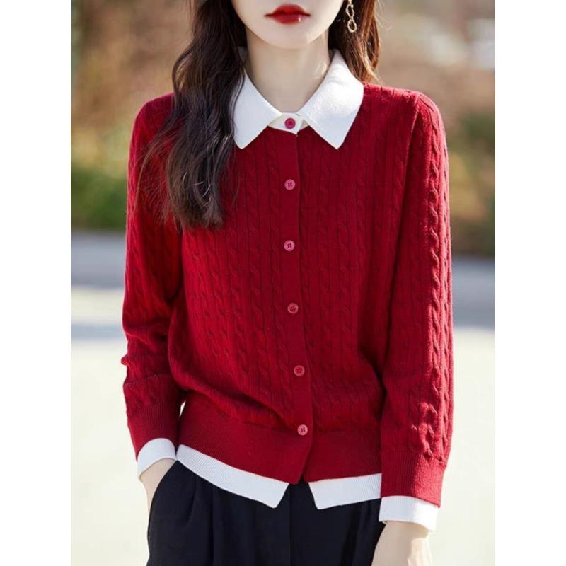 New Autumn Style Doll Collar Buckle Knitted Cardigan for Women with Fake Two-piece Cable POLO Collar Contrasting Twist Sweater