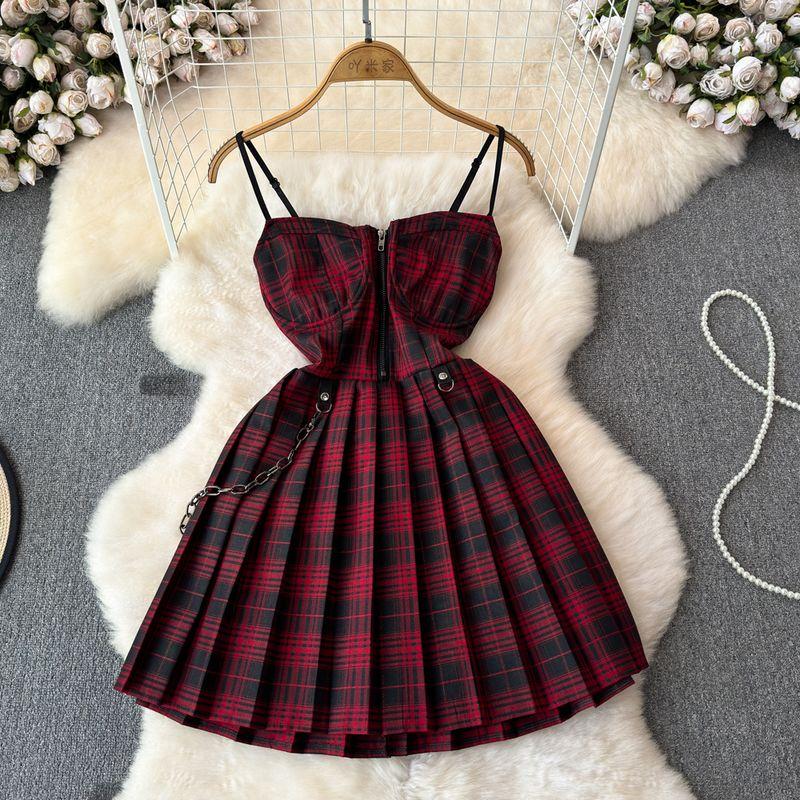 

Лето 2024 Новое поступление Темный рок Милый Крутой Красный Черный Клетчатый Юбка на подтяжках Плиссированная юбка Молодежный Сексуальное платье Инс Red S