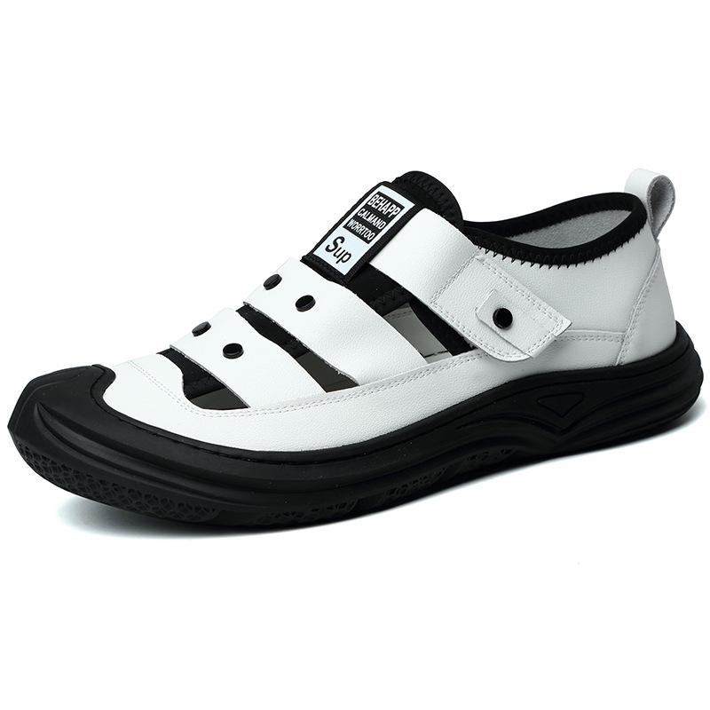 2025 Summer New Men's Hollow Breathable Leather Sandals Men's Soft Leather Soft Sole Casual Leather Shoes White Sandals 8870