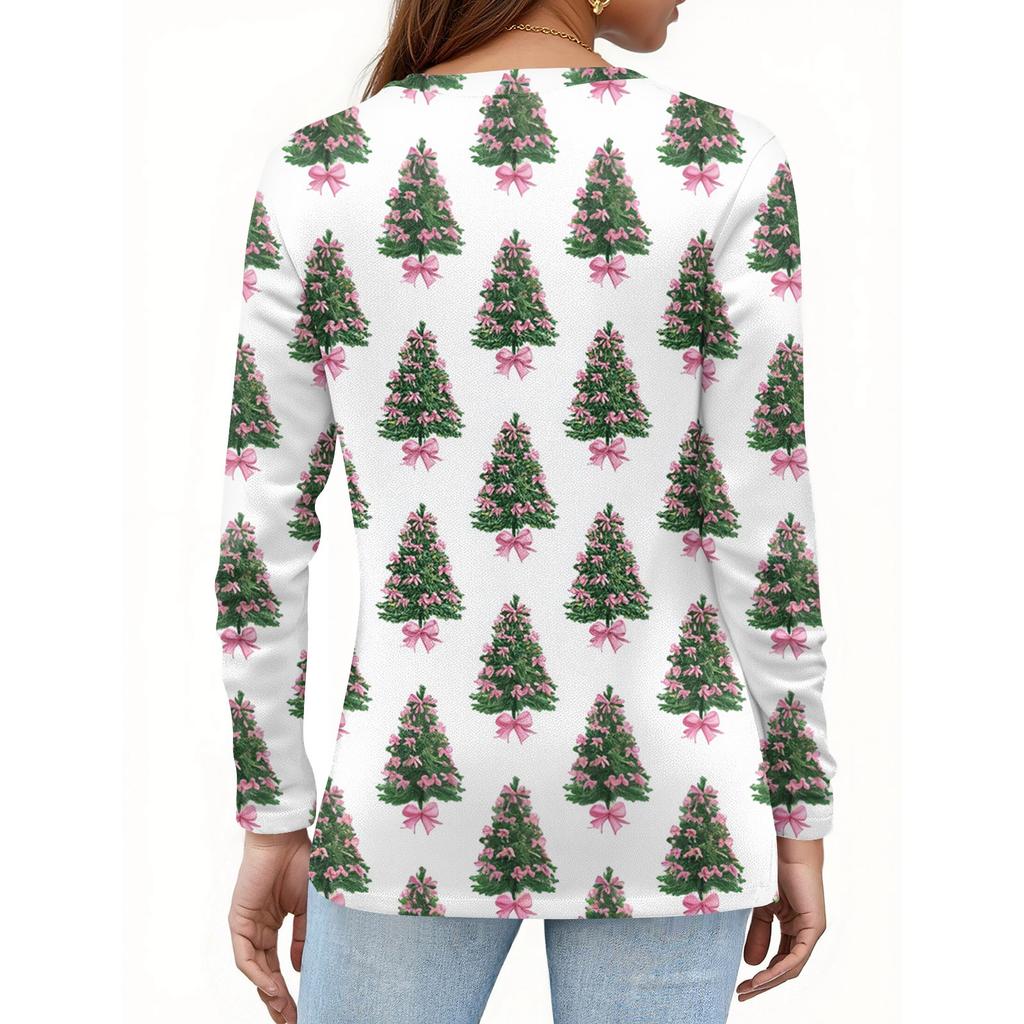 Women's Fashion Casual H Printed V-Neck Long Sleeve Decorative Button T-Shirt Tops