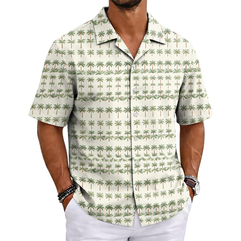 Men's Summer Short Sleeve Cuban Collar Shirt Casual Button Down Lightweight Breathable Fabric Beachwear Shirt