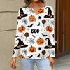 Women's Halloween Print V-Neck Long Sleeve T-Shirt with Button for Casual Holiday Wear