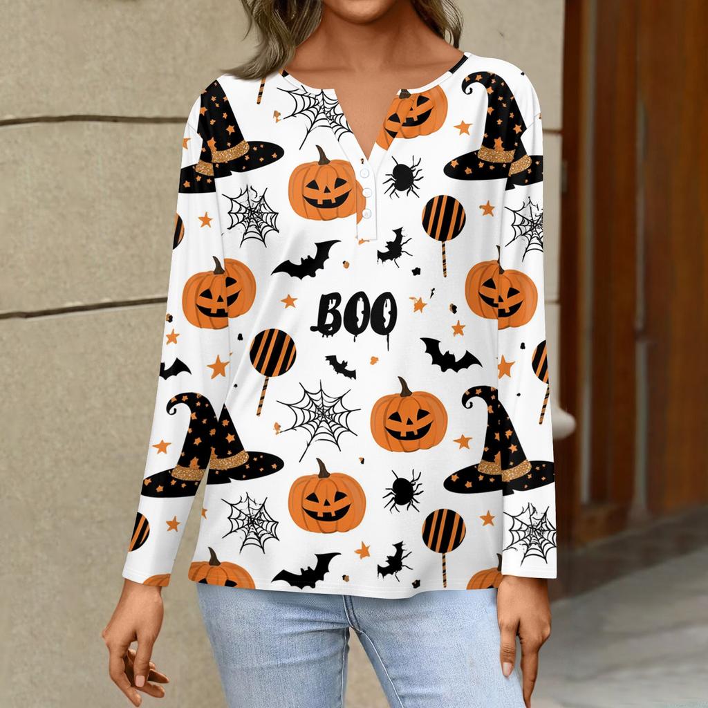 Women's Halloween Print V-Neck Long Sleeve T-Shirt with Button for Casual Holiday Wear