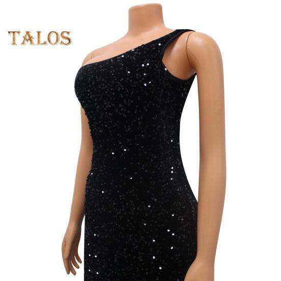 Vestido de noite feminino com bainha de borla inclinada, lantejoulas, um ombro inclinado, sem mangas, bodycon, festa, casamento, coquetel, roupa de balada, vestido midi