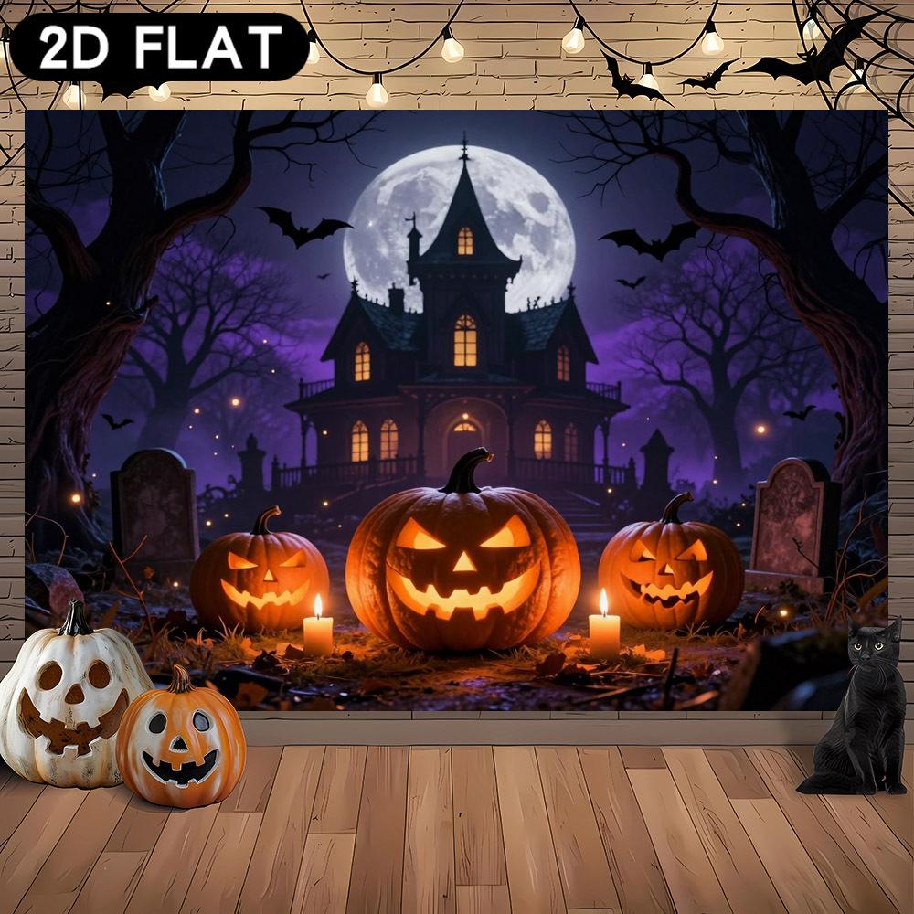 2D flat banner 1PC Halloween party background cloth, featuring Halloween theme with pumpkins, castles, etc.zyc