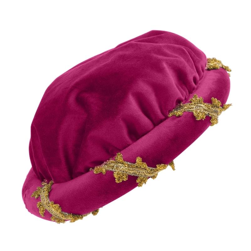 Cappello a cuffia imbottito in velluto rinascimentale con delicato bordo dorato per costumi medievali e rappresentazioni teatrali