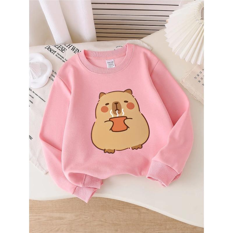 European sizes Kids' Crewneck Sweatshirt - Cute Bear Holding Warm Cup , Sportswear And Casual Wear, Soft And Comfortable, Clothing, Teenagers