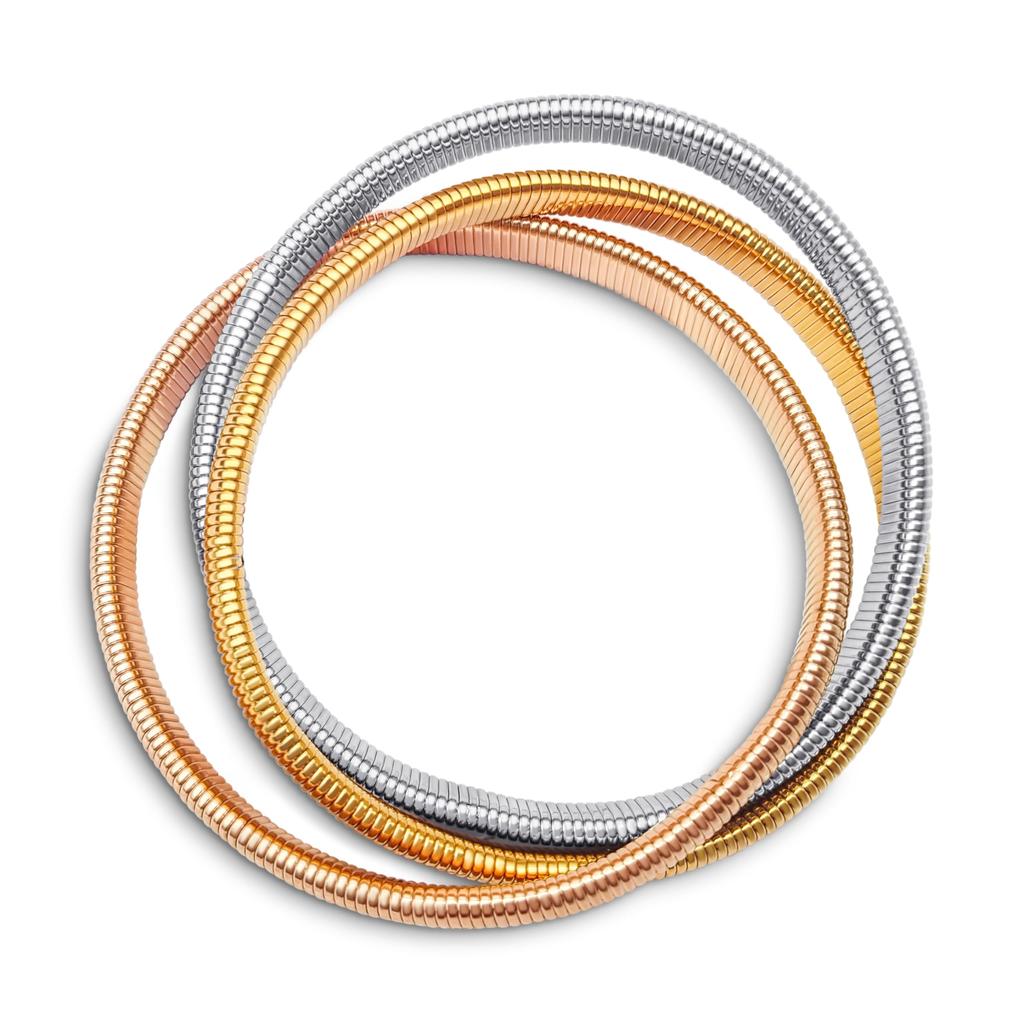 Triple Strand Omega Snake Cobra Wide Bangle Twist Bracelet Band Set Interlocking Flexible Stretch Bracelet for Yellow Gold Plated Stainless Fits Inch