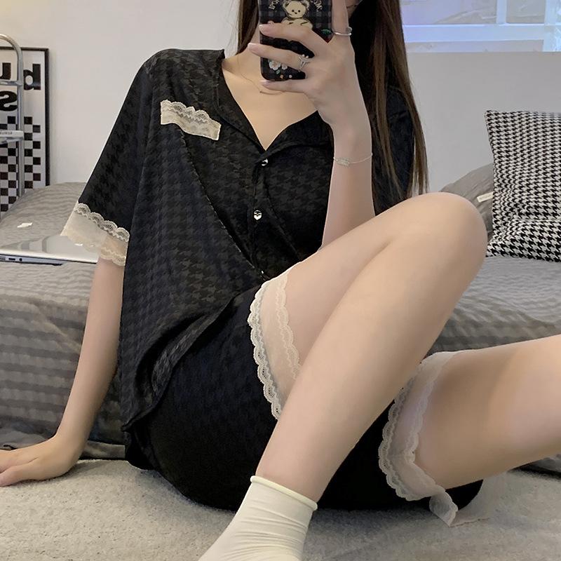 Pajamas Women'S Summer Cold Silk Cool Two-Piece Suit Summer Short-Sleeved Lace Can Be Worn Outside Qiandongge Loungewear