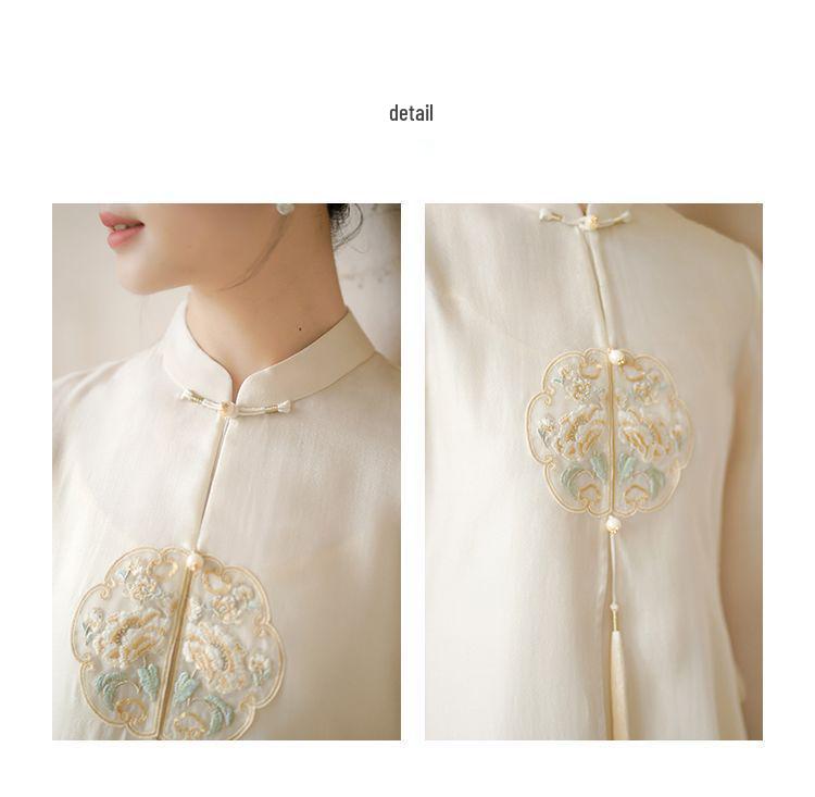 Women's Elegant Embroidered Zen Tea Ceremony Dress - Summer 2026 Chinese Style Flowing Fairy Qipao