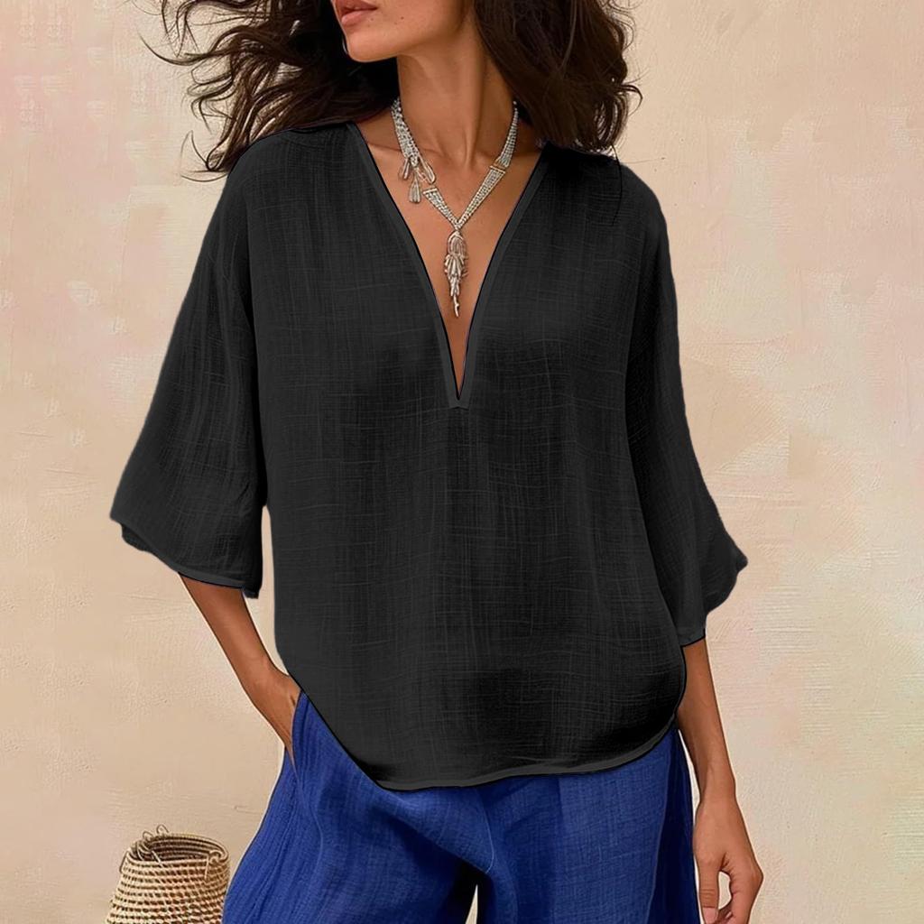 Women's Color Loose Casual Cotton Linen V-neck Fashionable Mid Sleeved Shirt Top