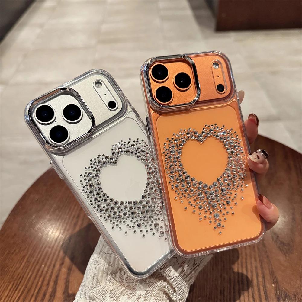 For iPhone 17 Pro Max Luxury Diamond Phone Case Women Girl's Love Heart Cover For iPhone 16 15 14 13 Pro Max Plus Clear Cover