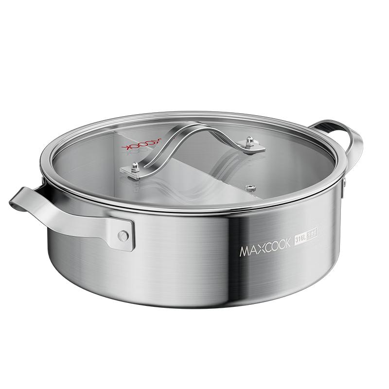 MAXCOOK 316L Stainless Steel 26cm Divided Hot Pot with Lid
