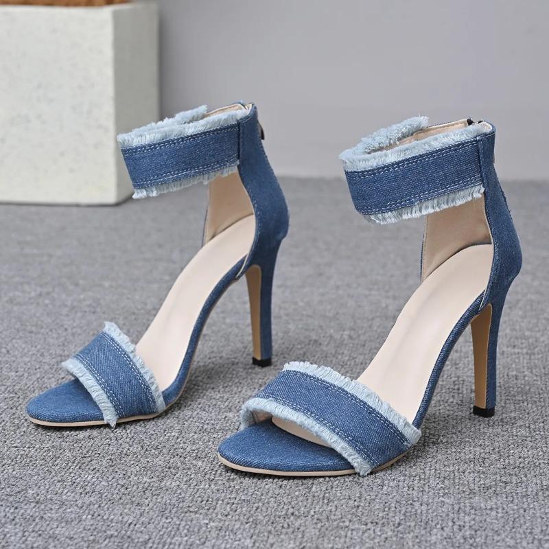 Fashion 2025Spring Summer  Sexy Sandals  Blue Denim Ankle Strap High Heels Shoes Sexy Female Peep Toe Sandals  Shoes for