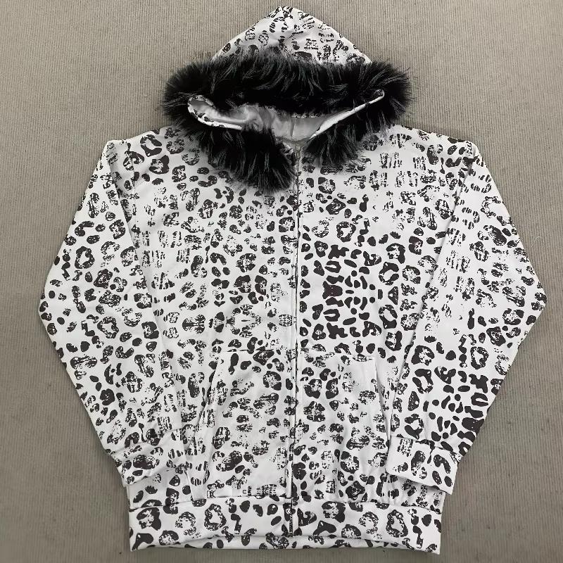 European and American Autumn and Winter Retro Y2k Men's and Women's Personalized Street Trend Printed Hooded Zipper Sweatshirt