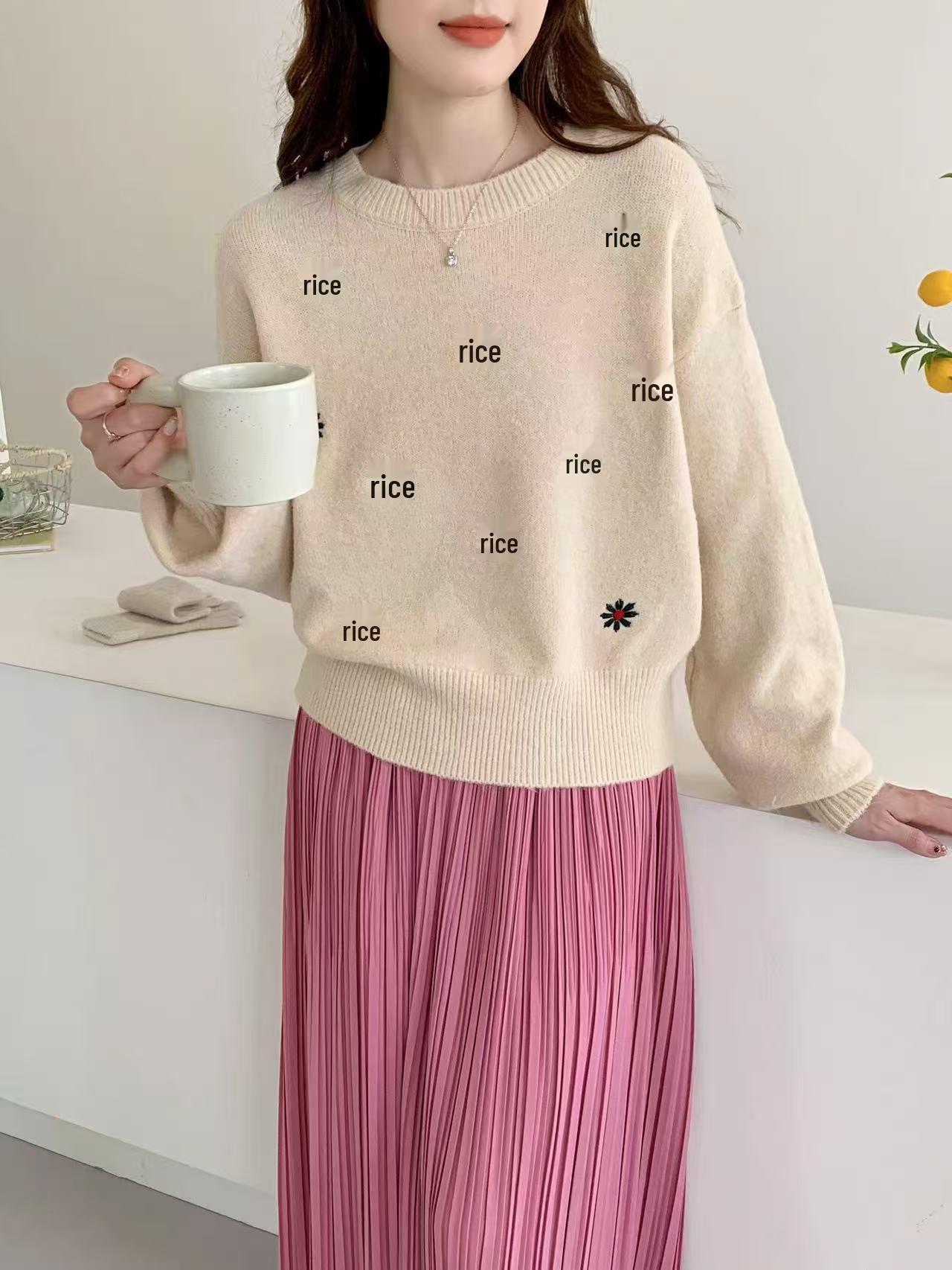 

Women s Autumn/Winter Loose Knit Floral Embroidered Pullover Sweater - Korean Retro Style абрикосовый