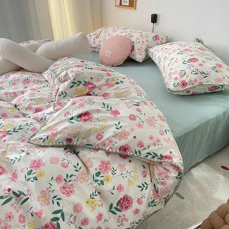 Bedding Set  Girls Cherry  Soft Washed Cotton Bed Sheet Queen King Size Duvet Set  Comforter Set Pillowcase Bed Linens