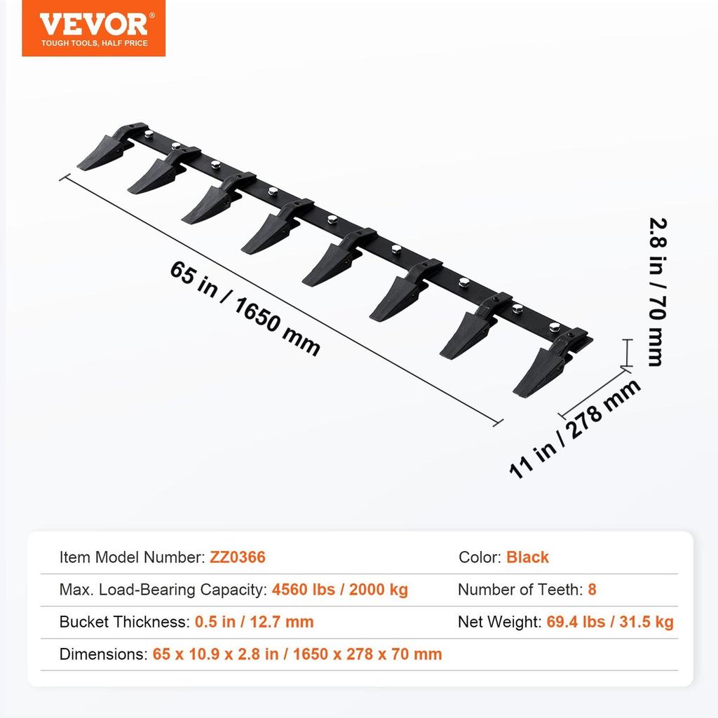 Bucket Tooth Bar, 66'', Heavy Duty Tractor Bucket 8 Teeth Bar for Loader Tractor Skidsteer, 4560 Lbs Load-Bearing Capacity Bolt On Design, for