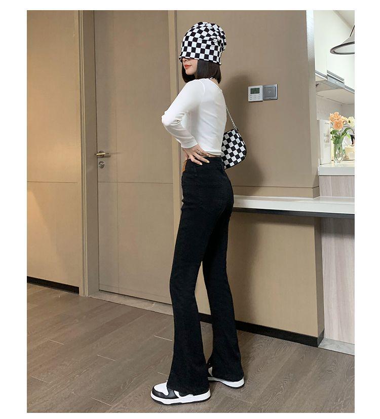 Plus Size High-Waisted Split Denim Flare Jeans for Women - Retro, Slimming, Floor-Length, Spring and Autumn Collection