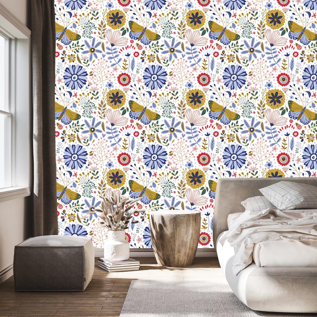 Wallpaper Flowers White and Blue for Living Room and Bedroom 50x1000