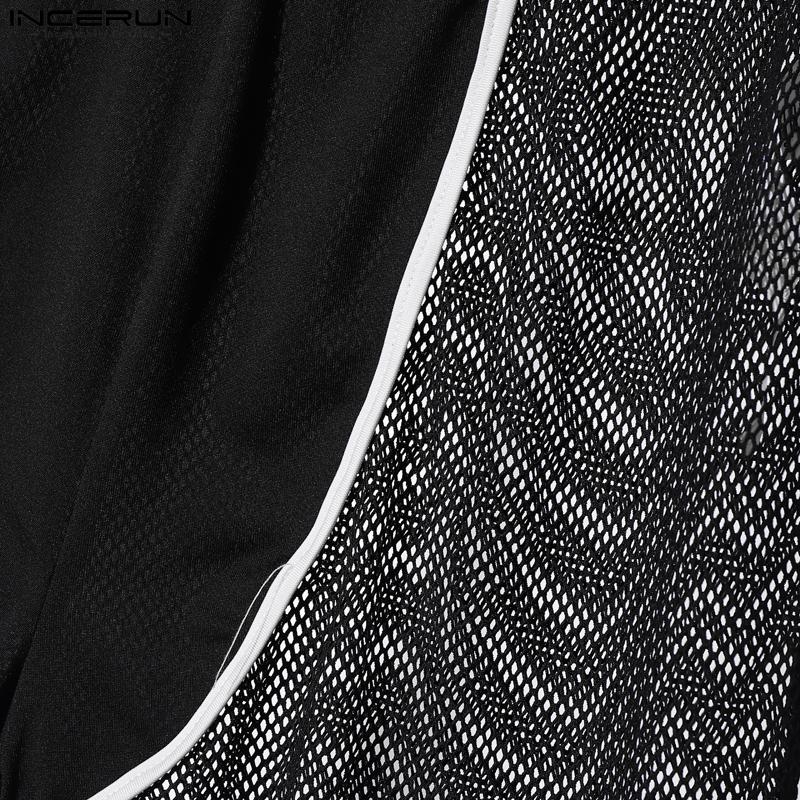 INCERUN Men Underwear Sets Mesh Sheer Print Patchwork Tops Shorts Outfit Home Wear