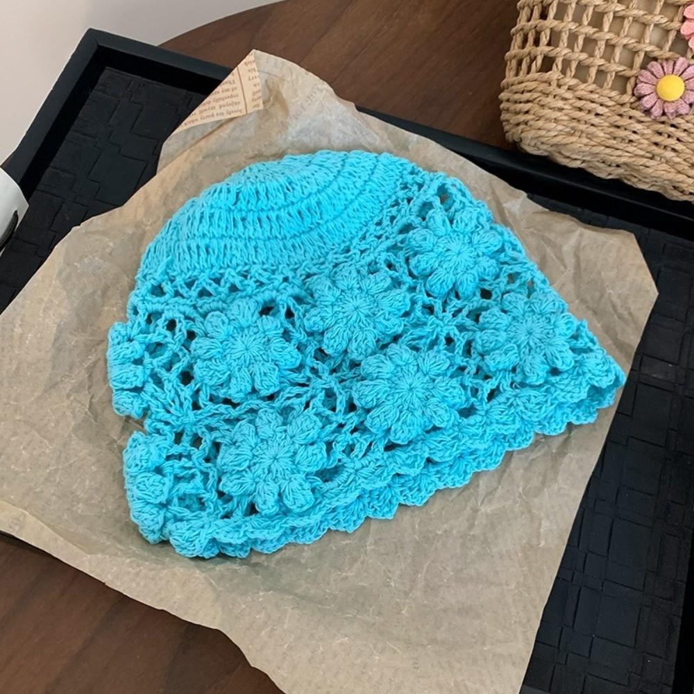 Hollow Crochet Flower Hat Handmade Beanies Cap Casual Knit Basin Caps  Ladies