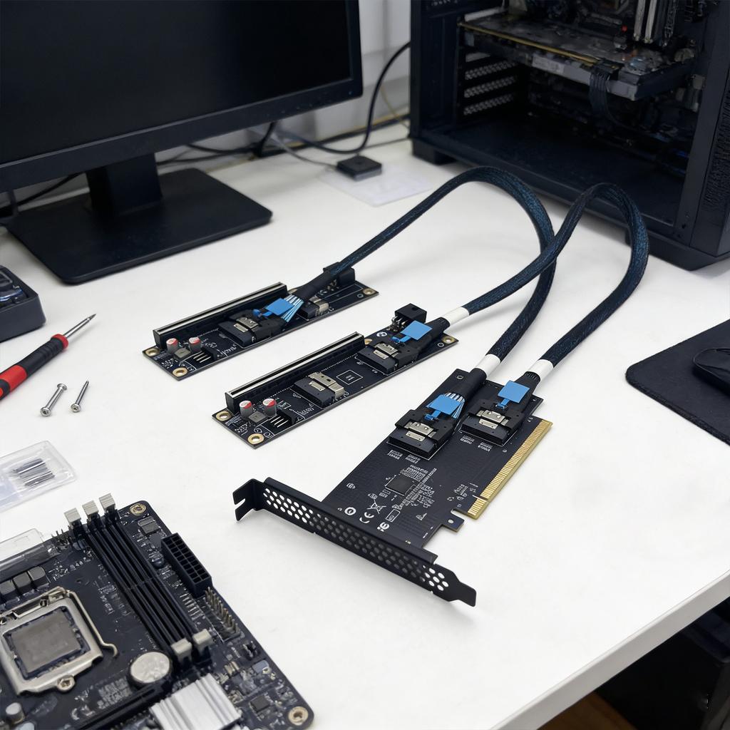 GPU Expansion Card Heat Dissipation Design SFF-8654 8i PCIe Split Adapter Dual Power Supply (PCIe + 6PIN DC) for External GPU