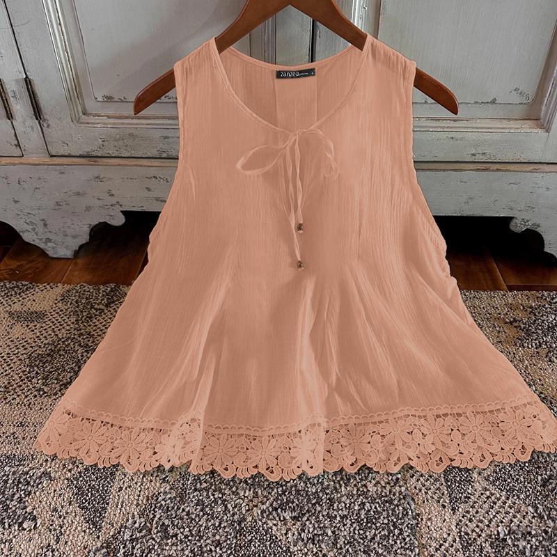 ZANZEA Women Summer Round Neck Sleeveless Lace Vests