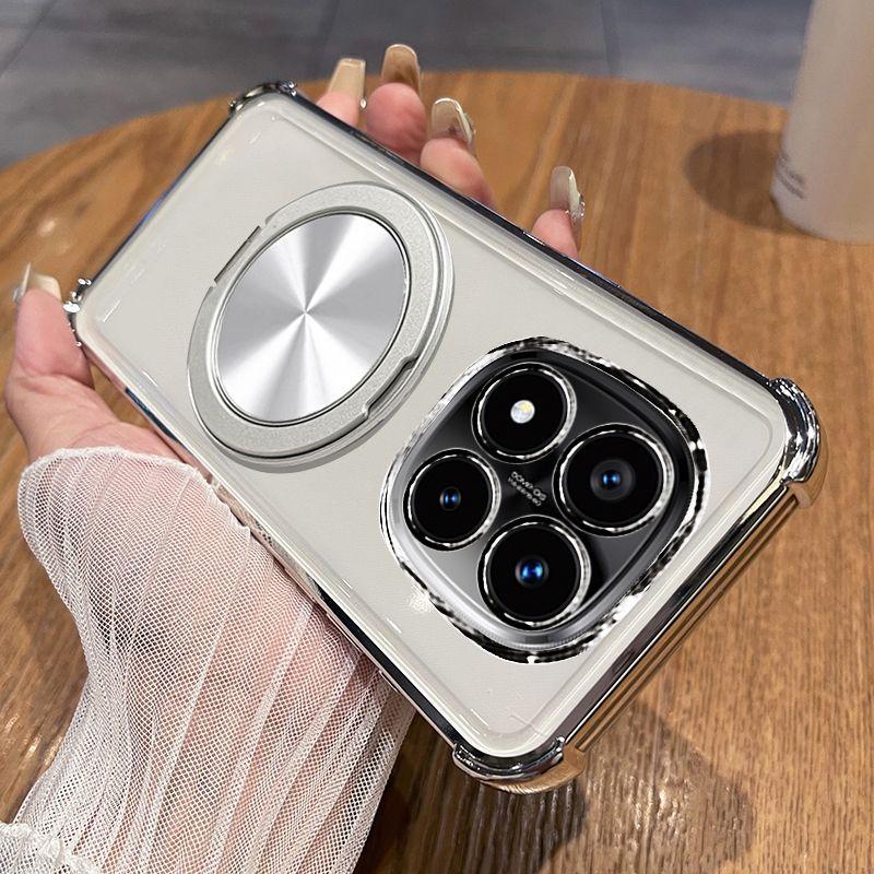 For MI Redmi Note 14 Pro Plus 5G Case Transparent Electroplating 360° Rotating Bracket TPU Skin-Friendly Anti-fall Cover Funda