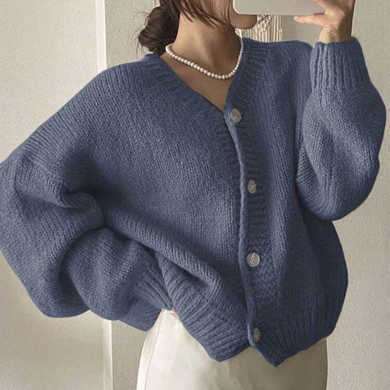 Knitted Cardigan for Women 2025 Autumn and Winter New Style Casual Loose V Neck Lantern Sleeve Knitted Sweater Top Pullover Sweater for Women