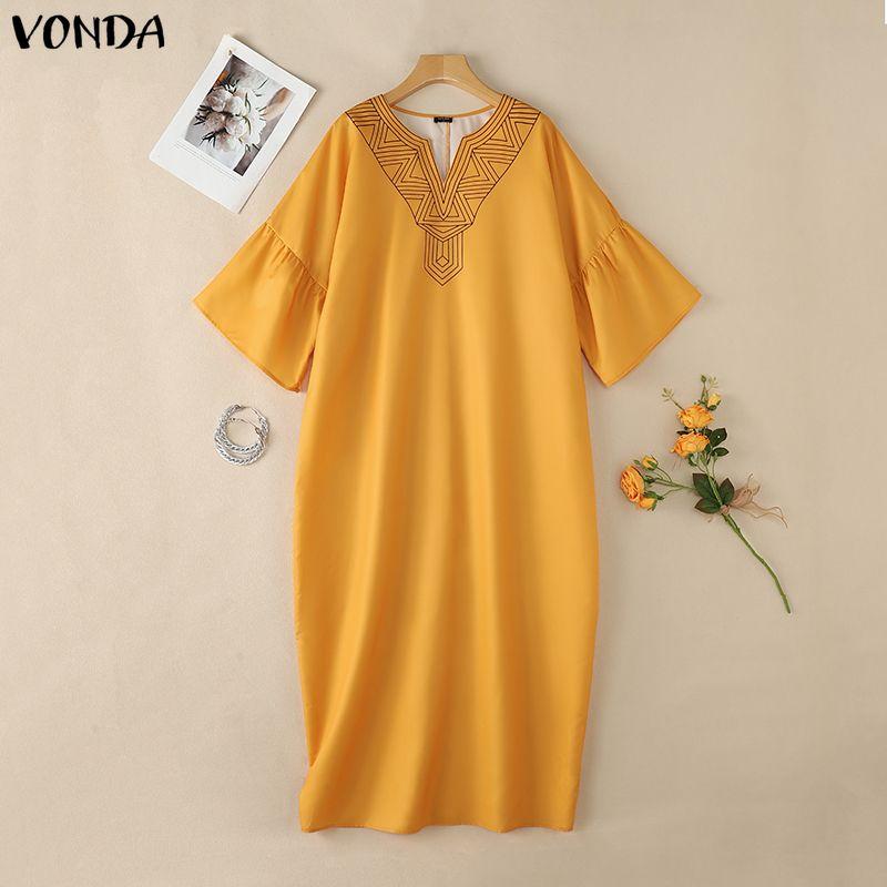 VONDA Women Ruffled 3/4 Sleeve Print Casual Long Baggy Maxi Robe Dress Nonelastic