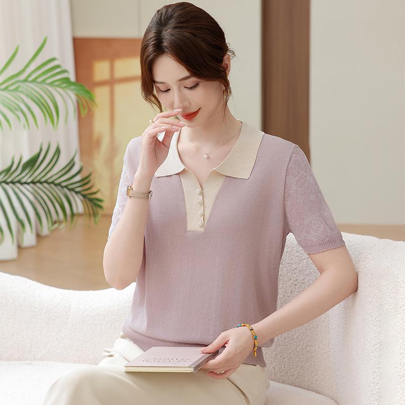Ice Silk Short-Sleeve Knit T-Shirt with Lapel for Moms - Stylish Summer Fashion for Middle-Aged and Elderly Women
