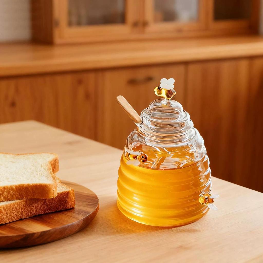 Honigglas aus hochborosilikatglas mit Rührstab - Transparenter Sirup- und Marmeladenbehälter