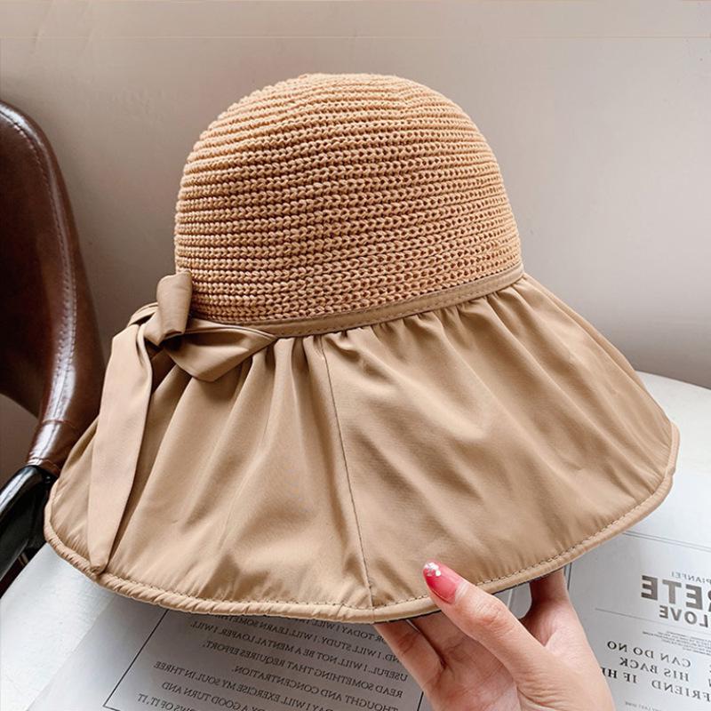 Women's Full-Coverage Summer Sun Hat with Bowknot - Versatile Black Sunscreen Bucket Hat