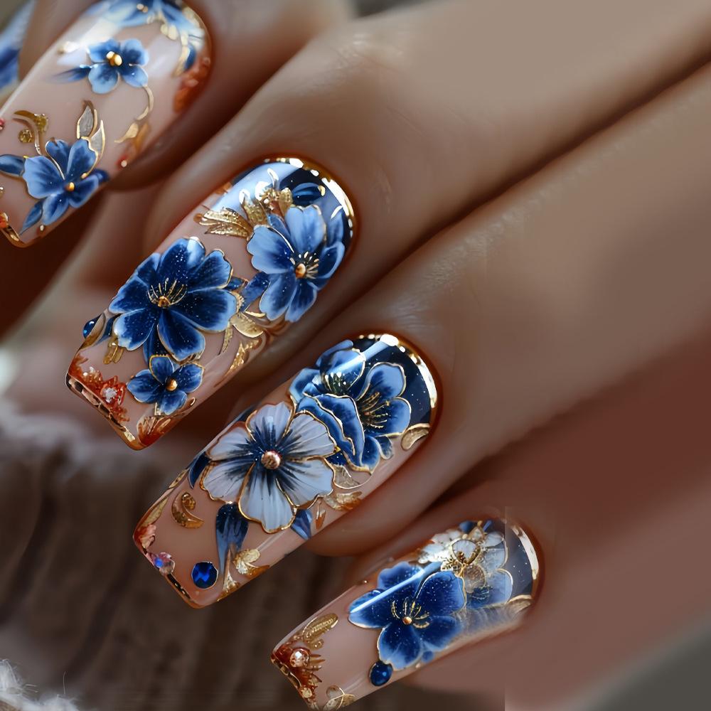 24 Pcs Medium Length Ballet Press On Nails Brown Floral Design Full Cover Detachable Fake Nails Manicure Set