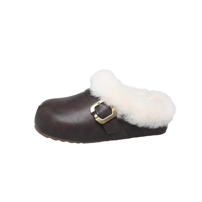 Waterproof and velvet warm hole shoes bag head half slippers women wear 2025 autumn and winter new thick-soled fluffy cotton slippers