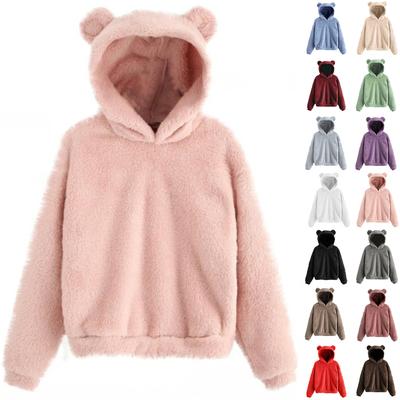 Women's Fashion Long Sleeve Solid Color Fleece  Ears Hooded Warm Sweater Sweatshirt