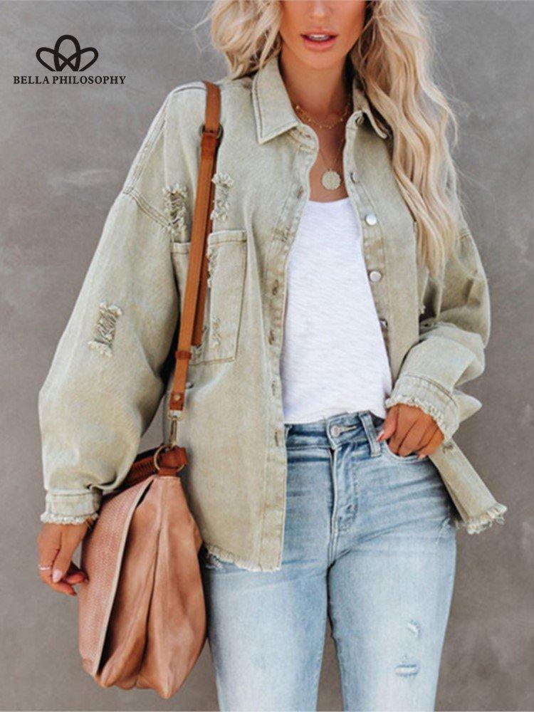 

Женская джинсовая куртка с рваным отложным воротником, топы с длинными рукавами и карманами, однобортное пальто с кисточками, свободная верхняя одежда S зелёный