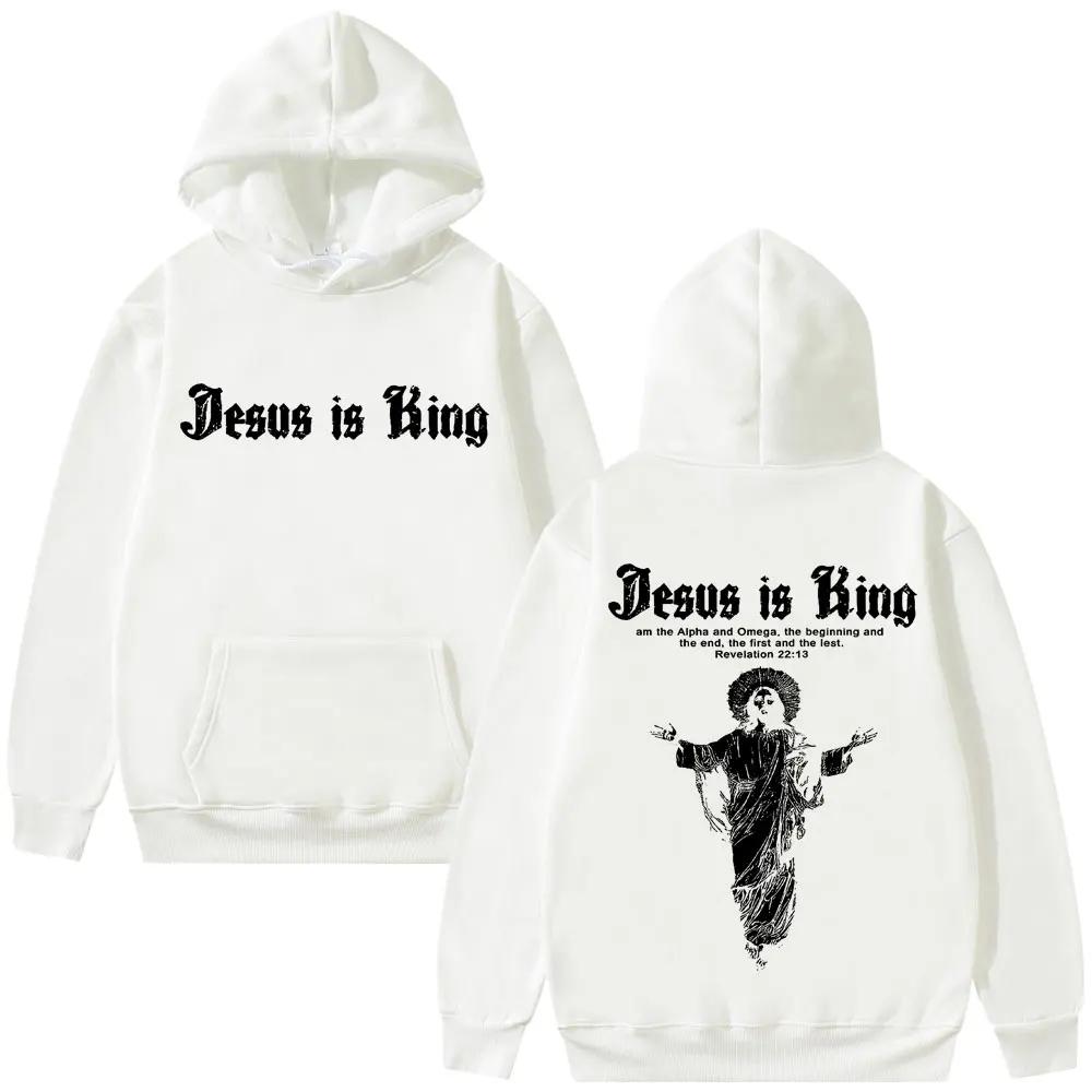 Jesus Is King Print Men Plus-size Hoodie Religious Outdoor Street Gothic Harajuku Casual Fashion Long-sleeve Autumn Fleece Top