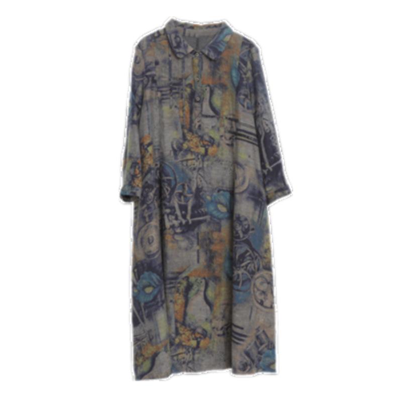 Herbst neues literarisches lockeres Baumwoll- und Leinen-Druckrevers Langarmkleid Damenbekleidung mittellanger Hemdrock