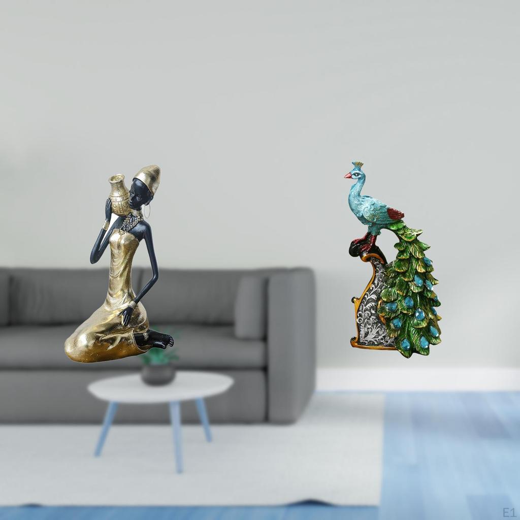 Elegant African Tribal Lady And Peacock Statue Handmade Resin Art Sculpture for Multipurpose