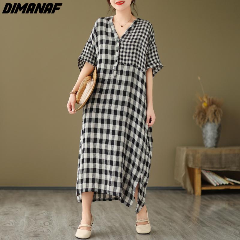 

DIMANAF 2023 Большие размеры женское летнее свободное платье в клетку большого размера с принтом черное винтажное хлопково-льняное длинное платье