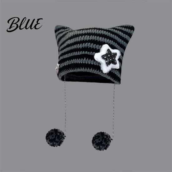 Striped Design Winter Knitted Knitting Ear Hat Style Cat Beanie Japanese Star Print Autumn Plush