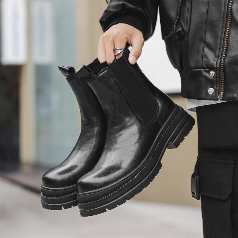 men fashion high chelsea boots slip-on genuine leather shoes stage nightclub cowboy platform boot handsome long motorcycle botas