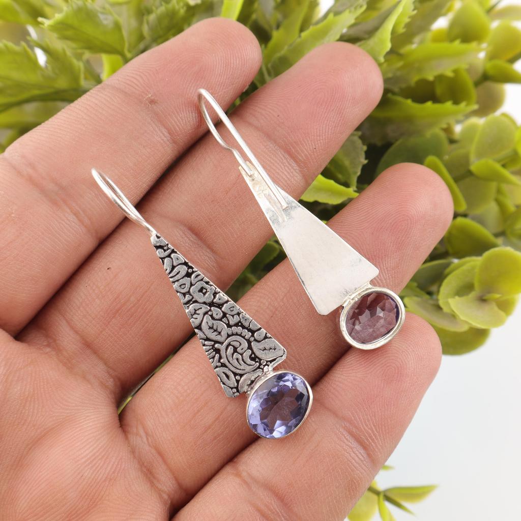 Iolite Handmade Gemstone Earrings, Unique Design Jewelry, 925 Solid Sterling Silver Earrings Jewelry, Gift For Mom